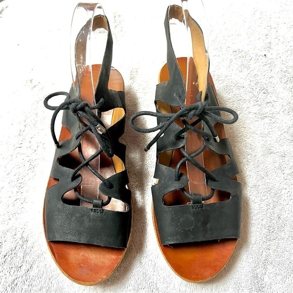 LUCKY BRAND HALEY WEDGE SANDAL gladiator lace up BLACK LEATHER women size 7M - Picture 4 of 11